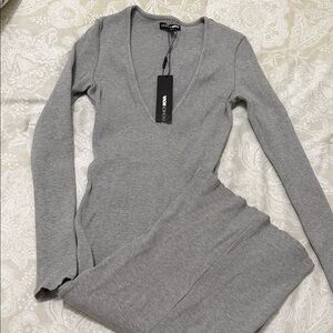 Fashion Nova Light Gray Ribbed V-Neck Dress